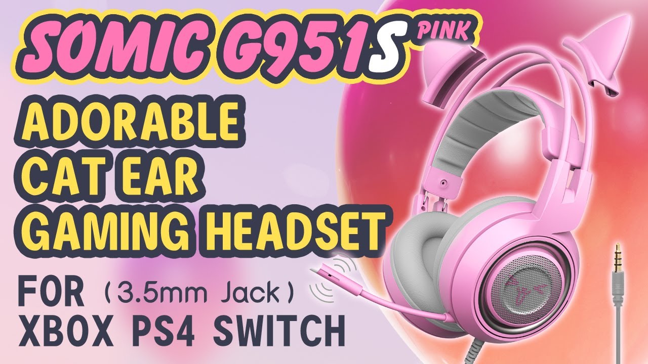 Somic G951S Pink Gaming Headset Cat Ear 3.5mm Jack for Girls/Women PS4 Xbox One Switch