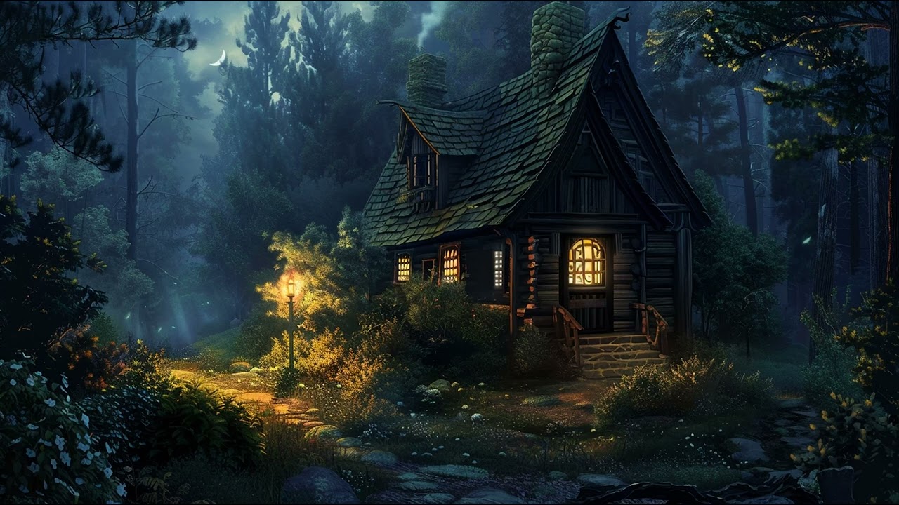 Cozy Cottage | Forest Night Time Ambience (4K Remastered)