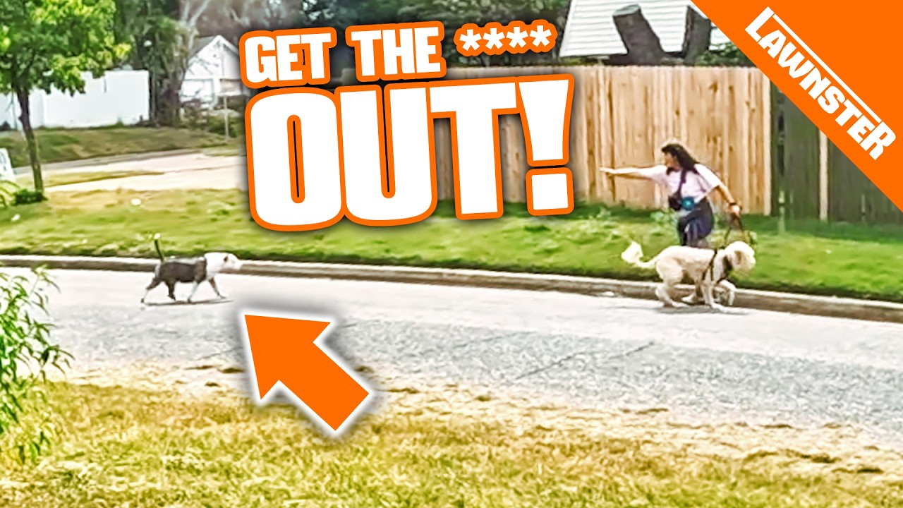 PIT BULL CHARGES WOMAN While We Were MOWING This Overgrown YARD!