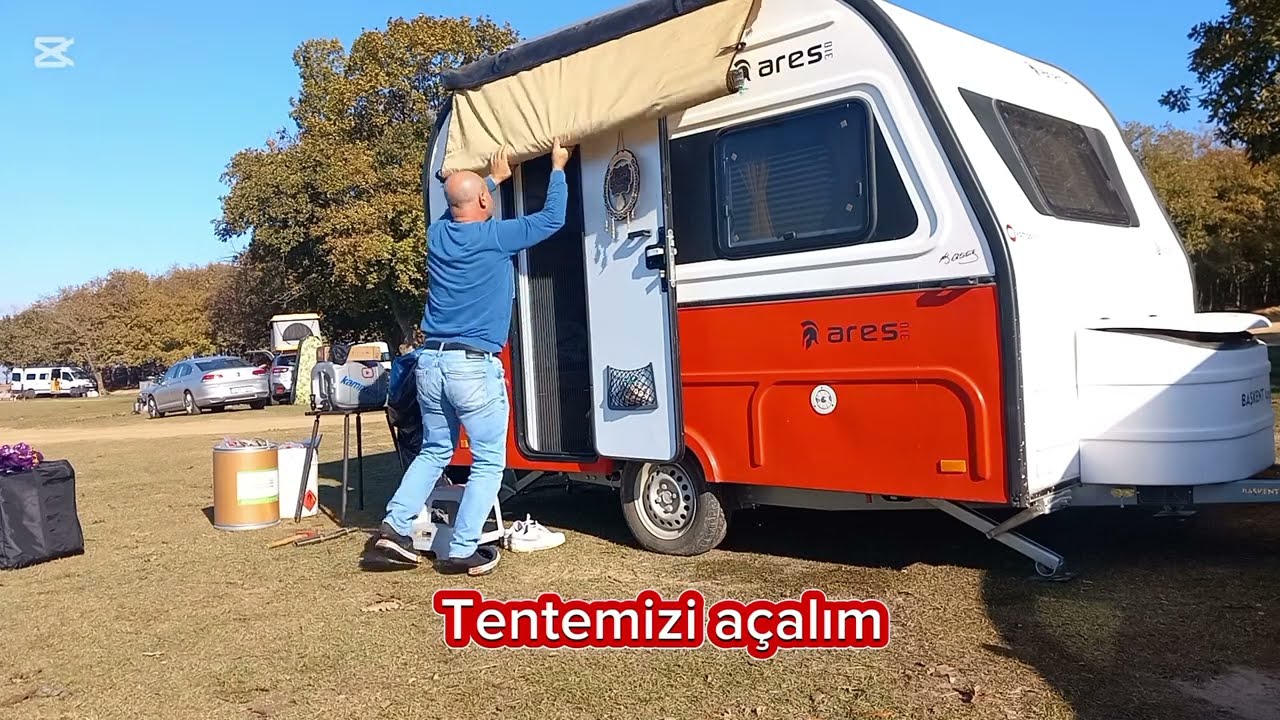 Çekme karavanla Esenceli de göl kenarinda sobalı kamp