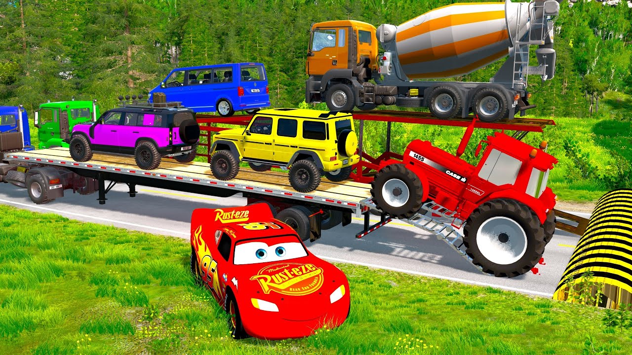 Flatbed Truck McQueen | Transportation with Truck - Pothole vs Car #2 | BeamNG.Drive Gameplay