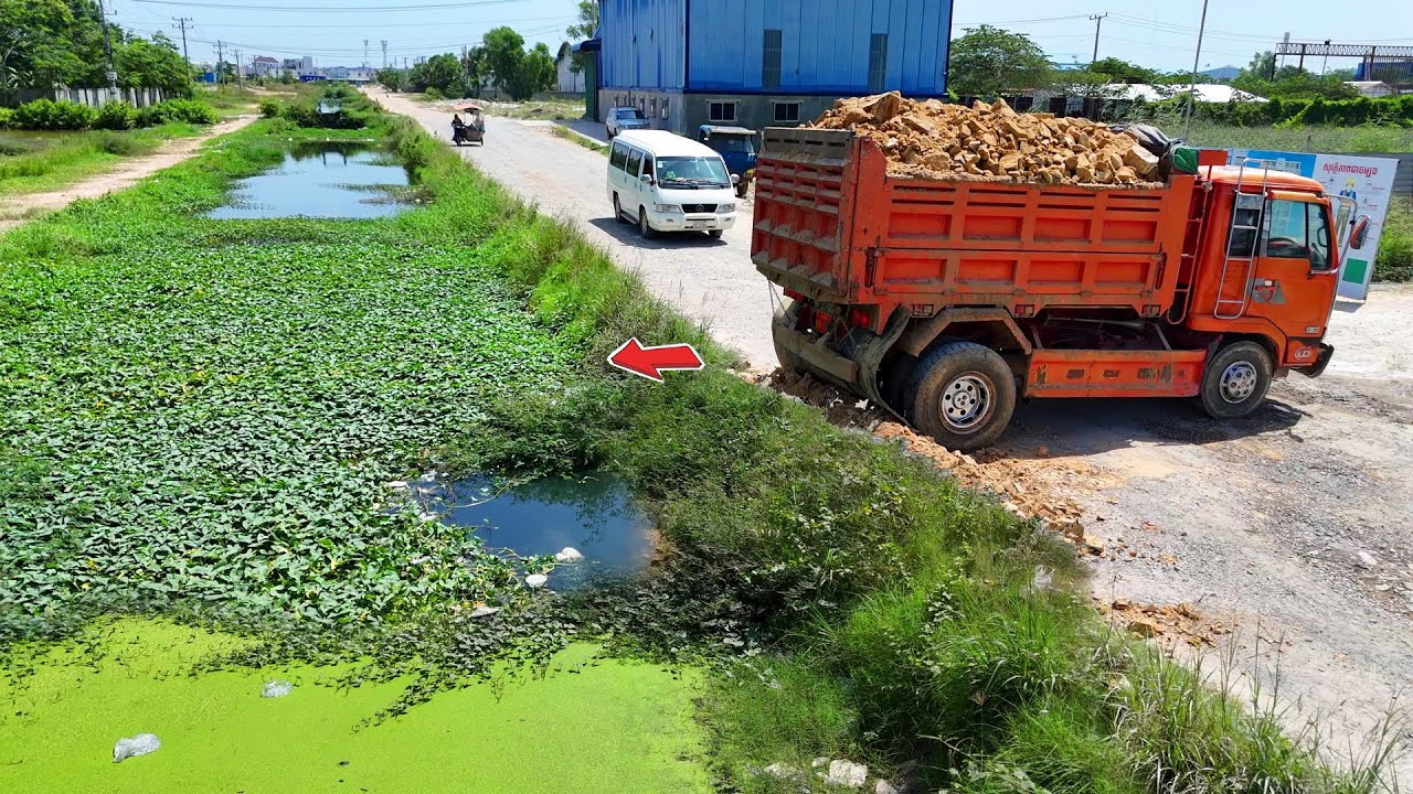 Full LANDFILL INTO CANAL USING DRIVER SKILL DOZER PUSH SOIL AND DUMP TRUCK 5TON