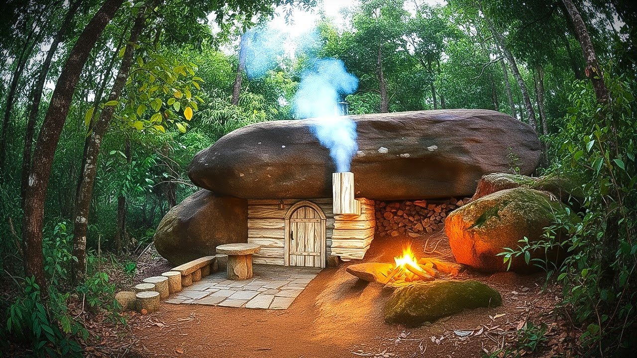 Build a warm shelter under a thousand-ton rock, fireplace, barbecue, overnight / King Of Satyr
