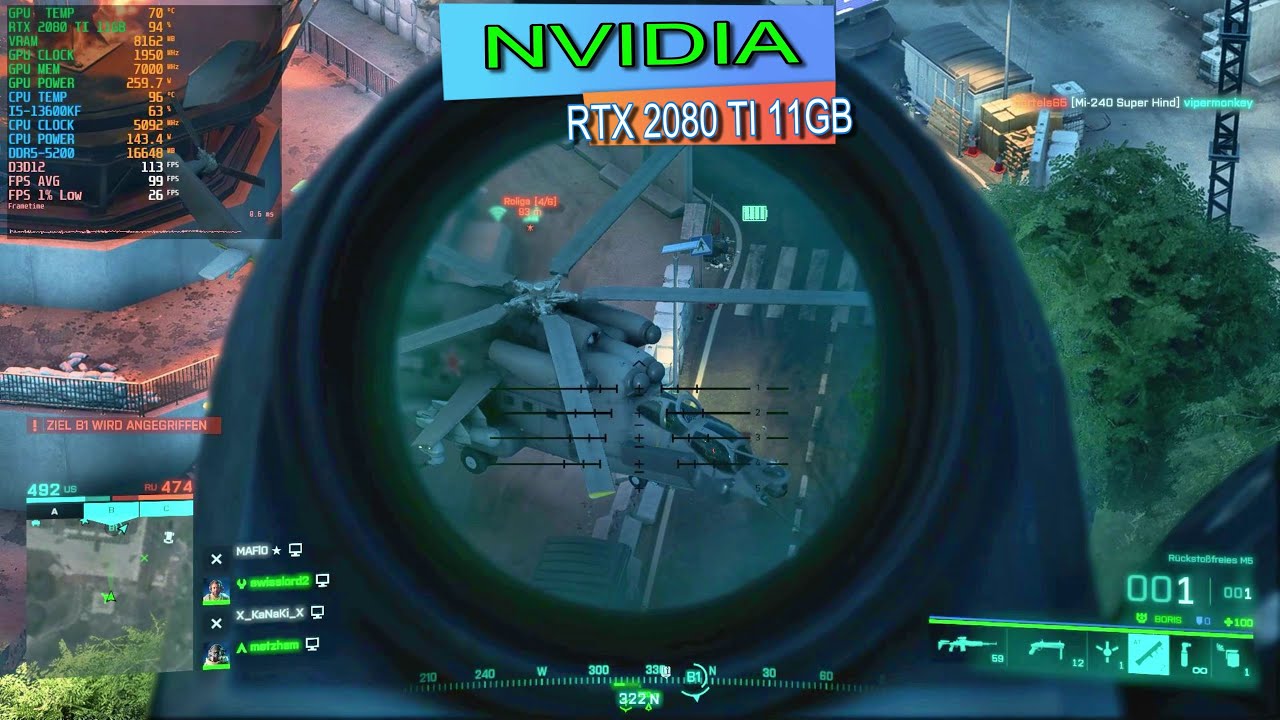 Battlefield 2042 RTX 2080 TI 11GB + i5-13600KF 1920 x 1080 Full HD RTX ON DLSS Quality