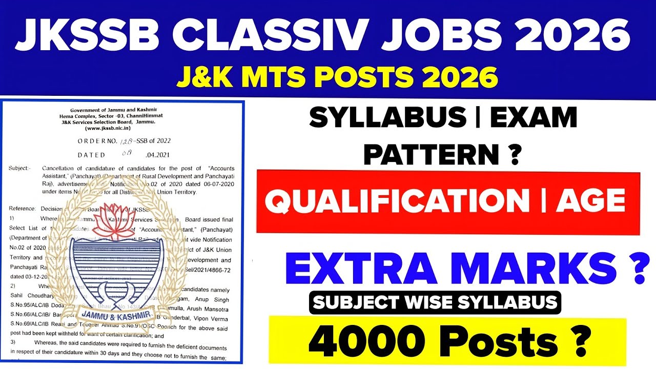 JKSSB Classiv New Recruitment 2026 | JKSSB New Posts - J&K MTS Classiv | Age | Syllabus| Eligibility