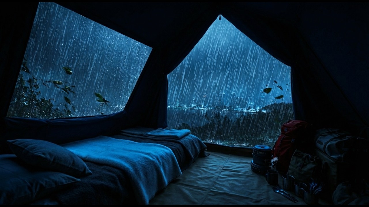 🔴Rain Sounds Inside a Cozy Canvas Shelter Overlooking City Lights | Calm Night Ambience for Sleep