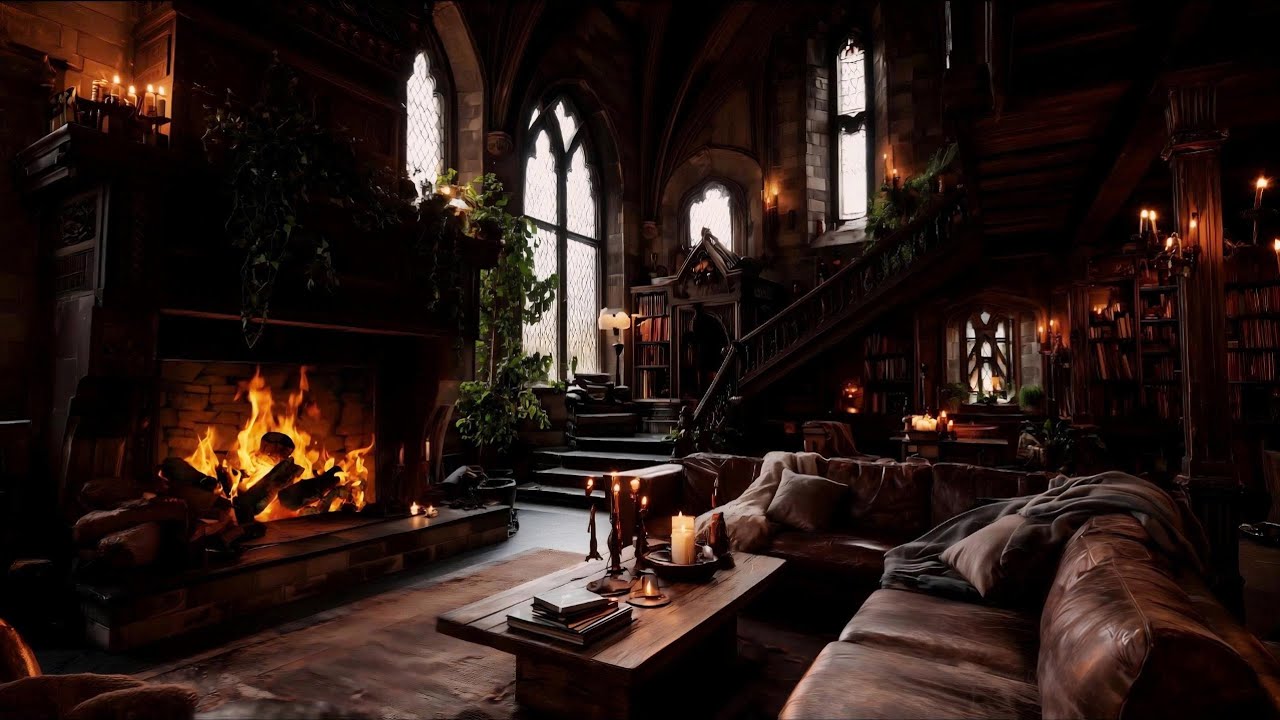Thunderstorm & Fireplace Ambience | Rain Echoes Through Stone Walls