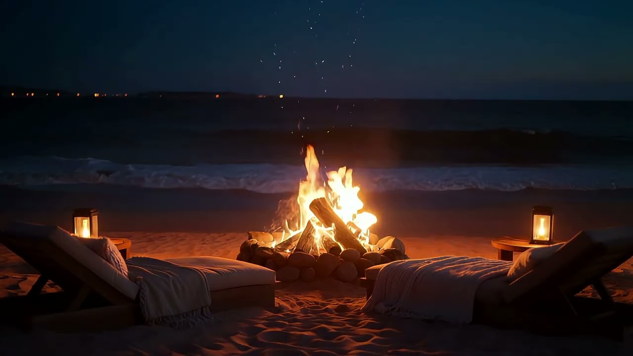 Dark Beach Fire Pit Ambience 🌙🔥 Cozy Ocean Waves & Crackling Fire and Lofi Hip Hop