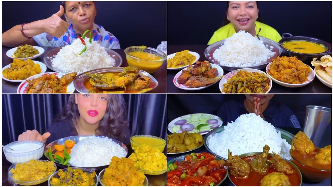MUKBANG SHOW 👌 EATING DAL RICE 🔥 ALOO POSTO SAAG CHOCHORI FISH CURRY CHICKEN CURRY 🥵 