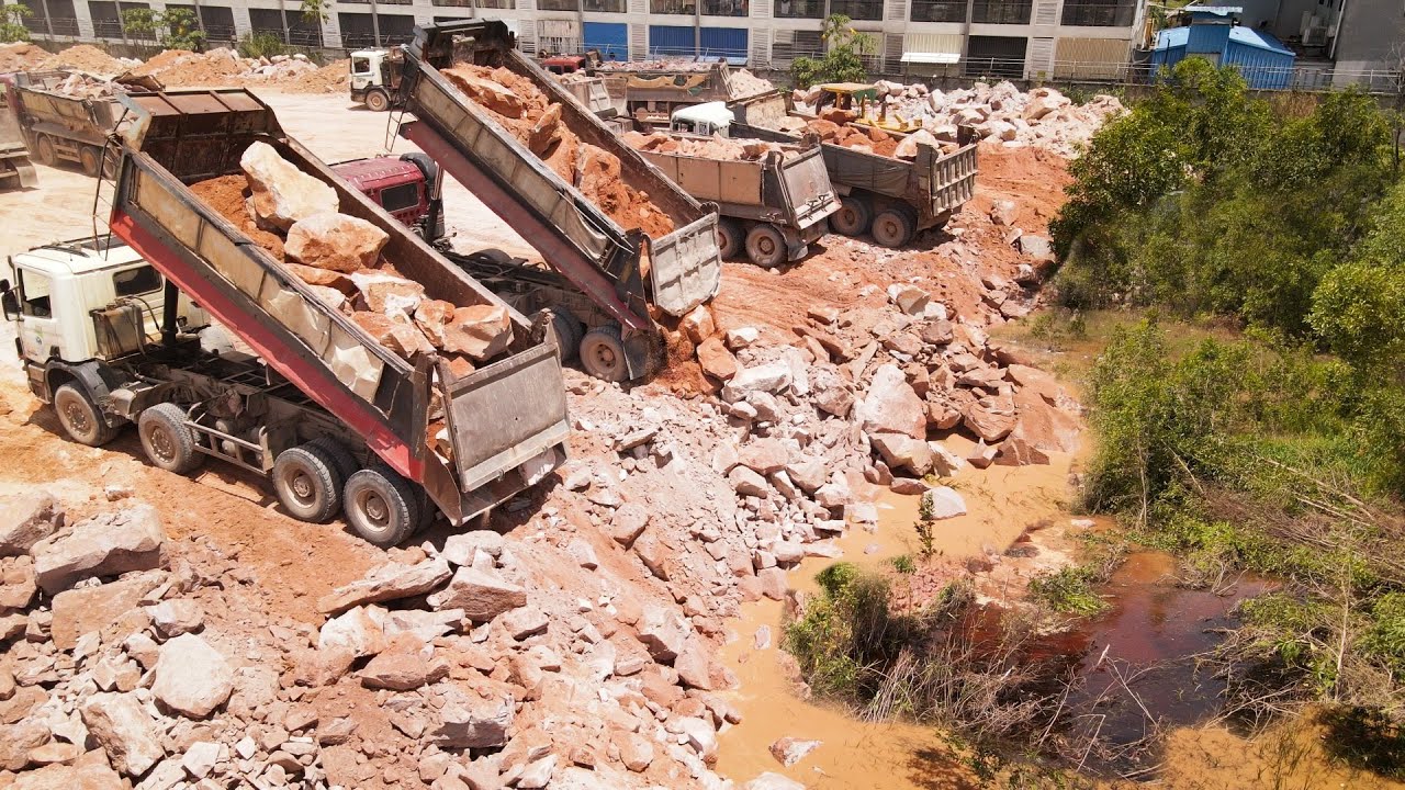 Incredible Actions! Best Technique Smart Bulldozers Driver Show Stones Pushing Stones Into Area