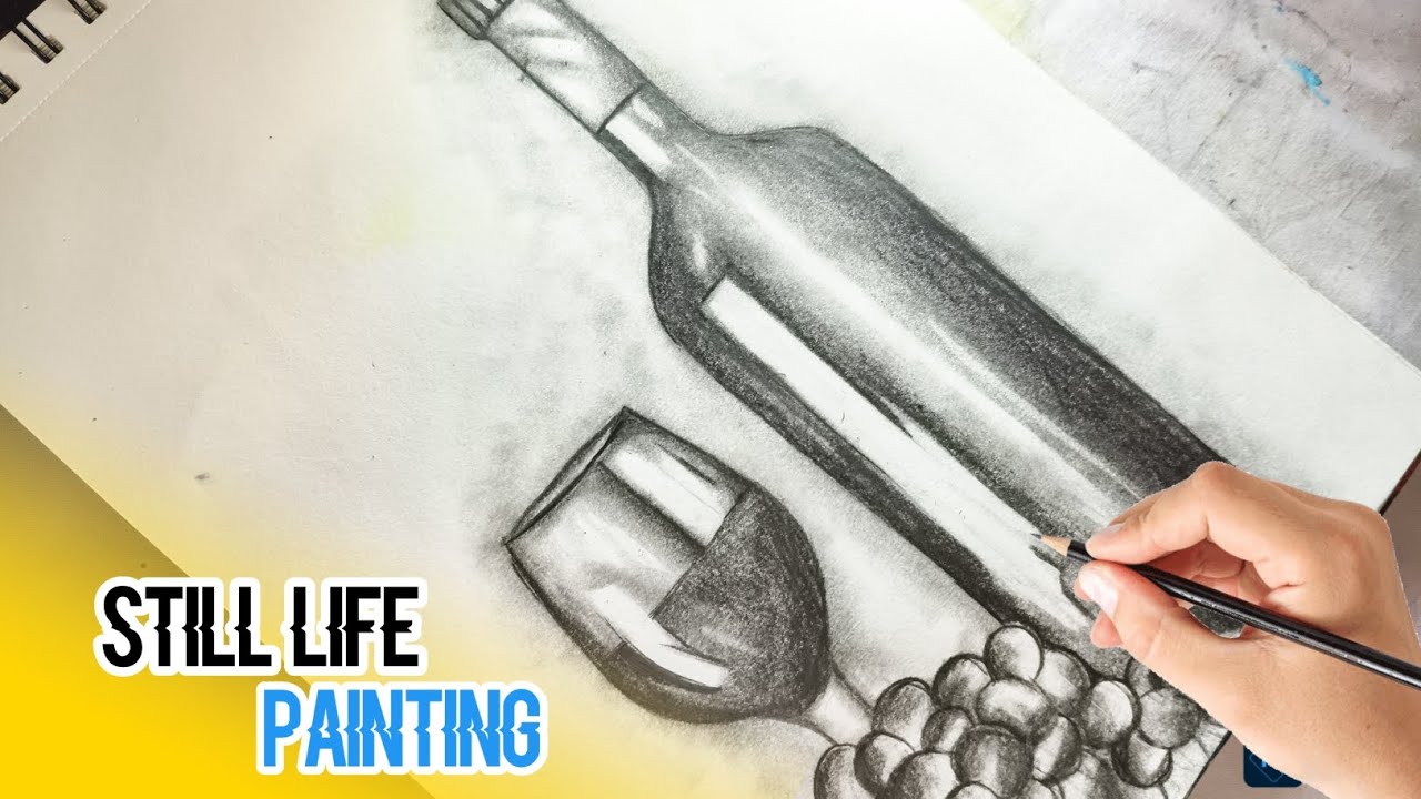 How To Paint A Wine Bottle With Grapes / Still Life Drawing / Shadding Tutorial / Step By Step