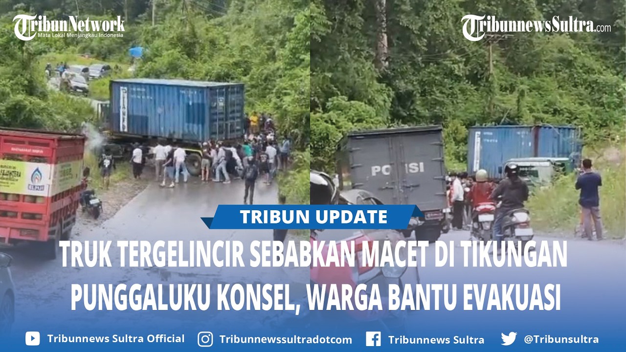 Truk Tergelincir Sebabkan Macet di Tikungan Punggaluku Konawe Selatan, Warga Saling Bantu Evakuasi