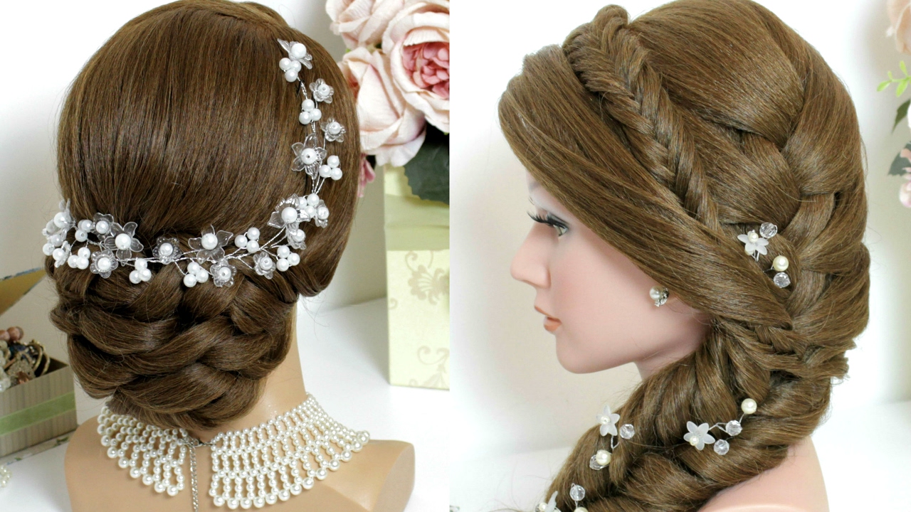 2 hairstyles for long hair tutorial. Bridal updo, mermaid side braid