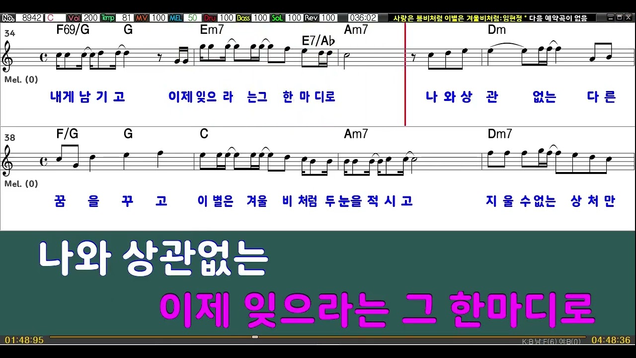 사랑은봄비처럼이별은겨울비처럼/ 임현정/C조악기맞춤키