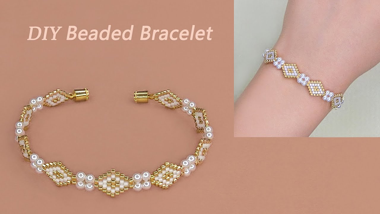 DIY Beaded Bracelet with Delica Seed Beads and White Pearls, Brick Stitch Beaded Bracelet 菱形元素串珠手链