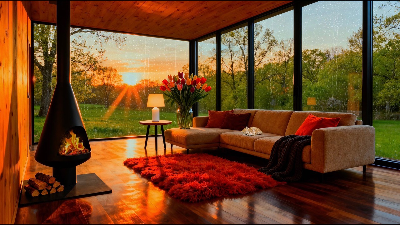 3 Hours of Spring Rain & Fireplace Sounds 🌧️🔥 Cozy Cabin with Panoramic Windows at Sunset