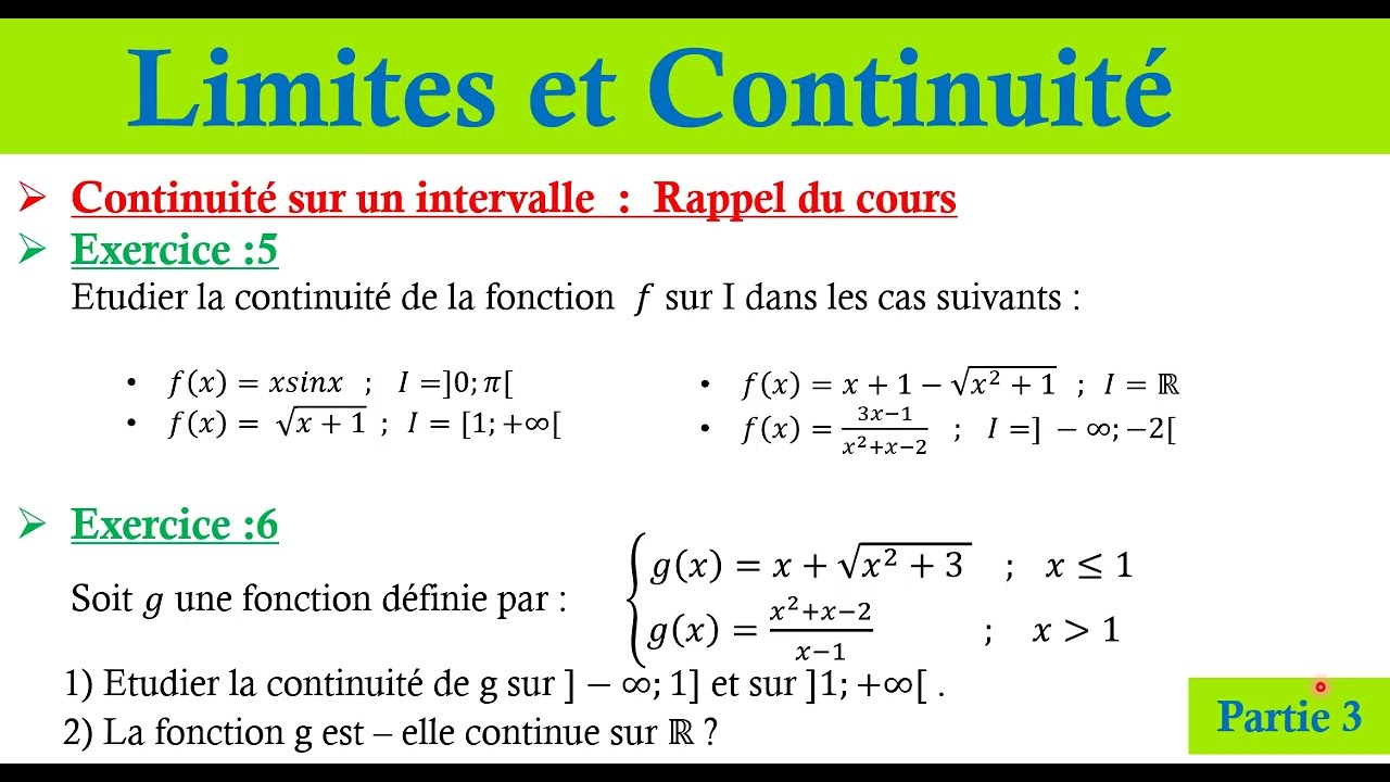 Continuité  d'une fonction : continuité sur un intervalle ; exercice corrigé ; 2BAC ; PC et SVT