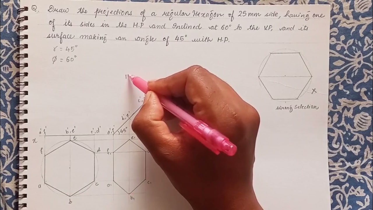 Engineering Drawing/ Engineering Graphics Problem on Projections of planes for Regular Hexagon.