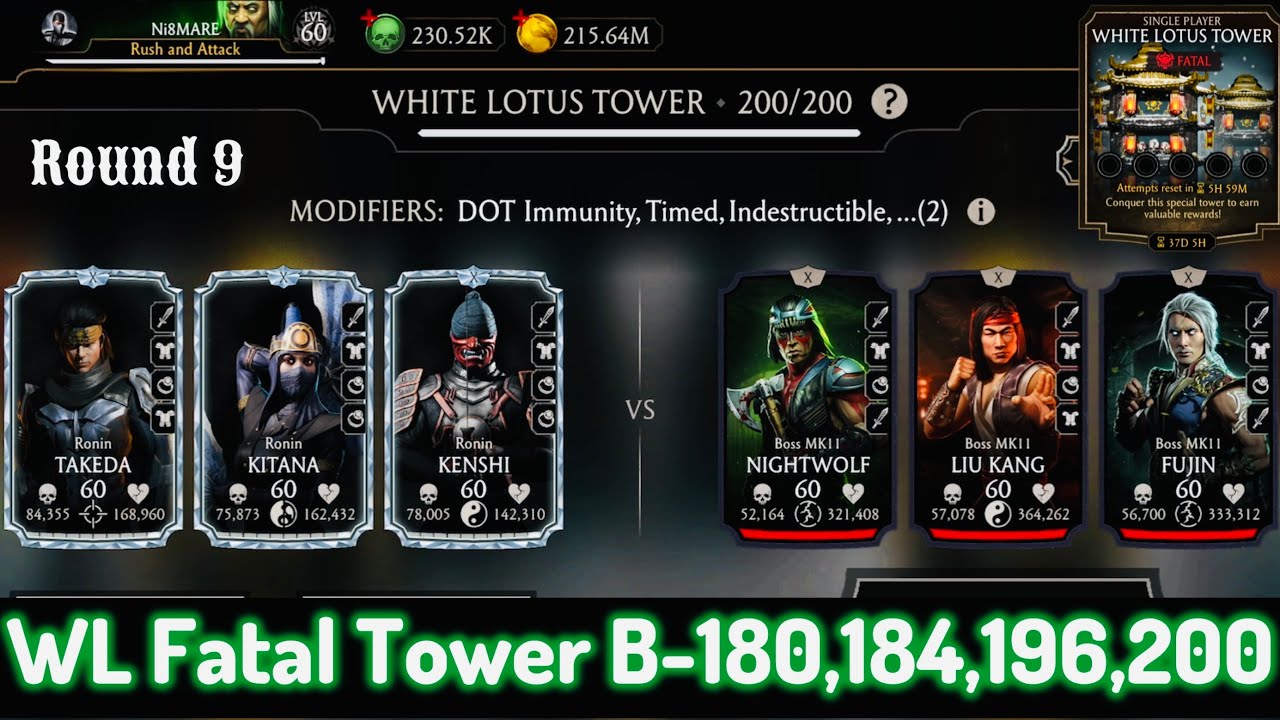 Fatal White Lotus Tower Boss Battle 200 & 180, 184, 196 Fight + Reward MK Mobile | Ronin & Strike F