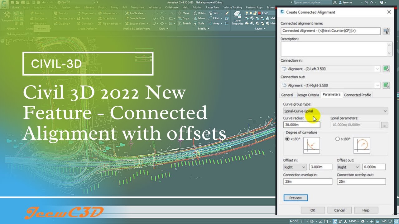Civil 3D 2022 New Feature - Connected Alignment with offsets