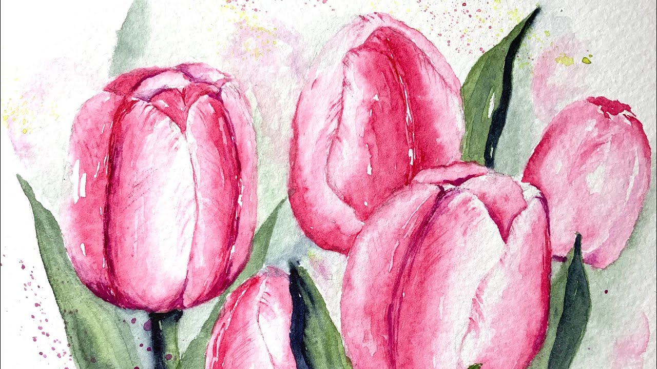 Watercolor pink tulips tutorial paint along demo
