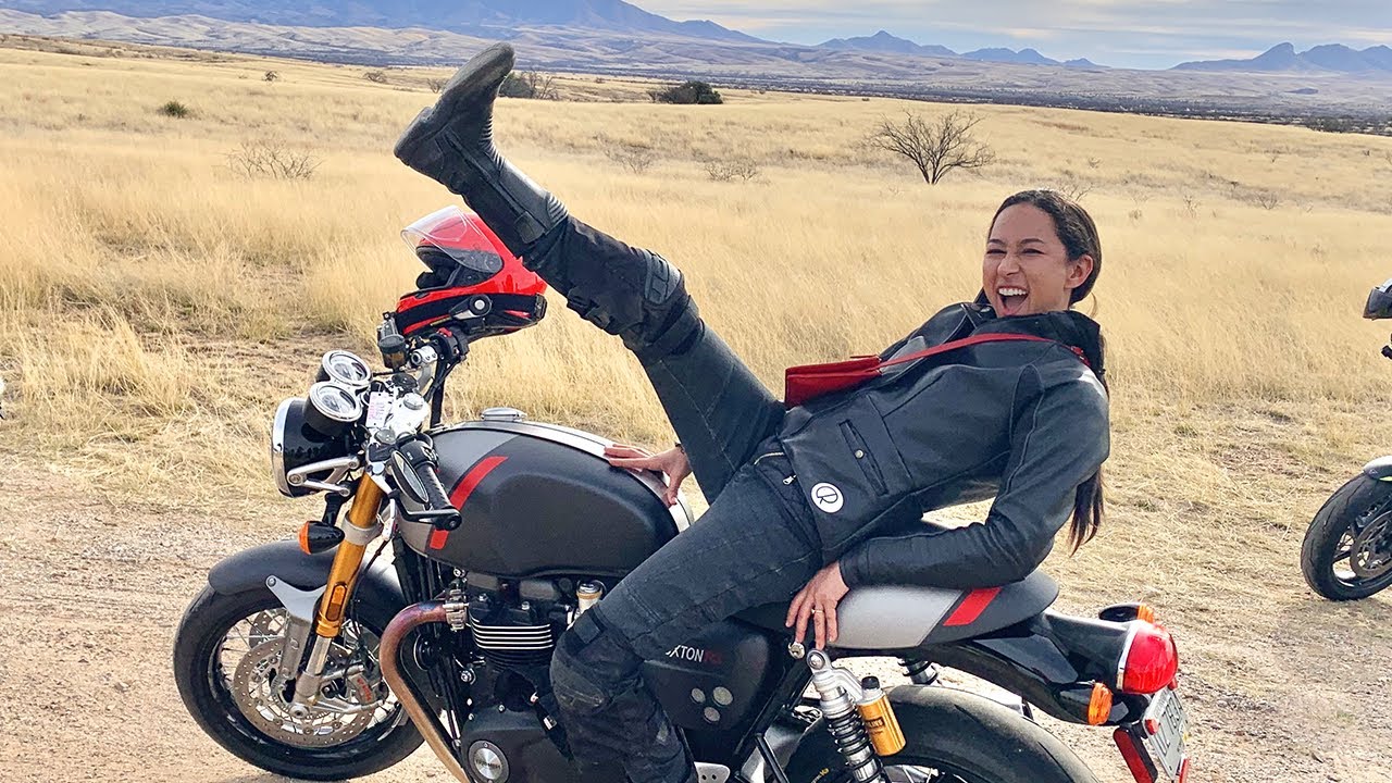 Short woman rides the Triumph Thruxton RS in the mountains!