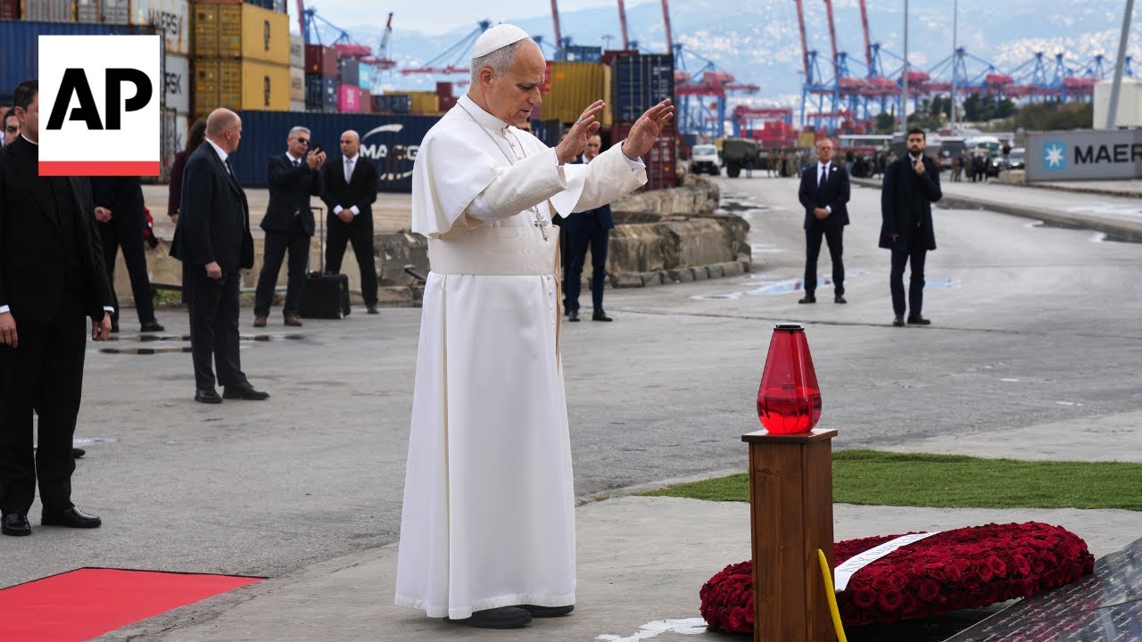 Pope Leo XIV prays at the site of 2020 Beirut port explosion