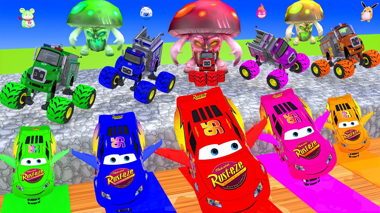 Wheels On the Bus + MCqueen + Fire truck   Who will conquer the challenging road