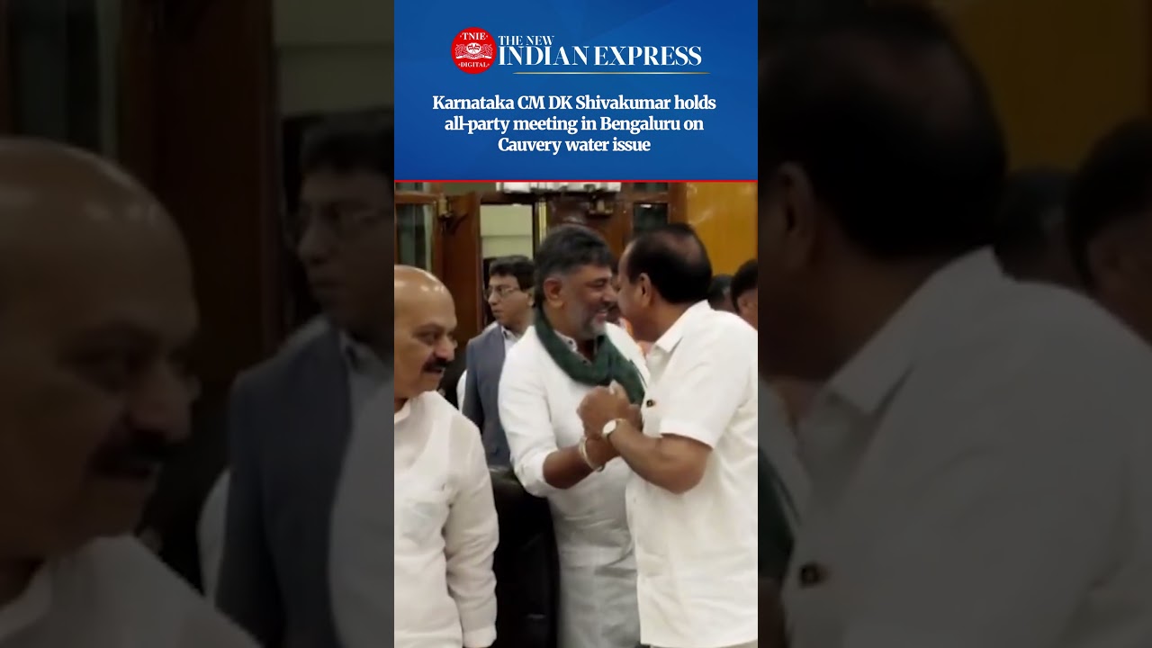 Karnataka CM DK Shivakumar greets leaders during the all-party meeting on Cauvery water issue