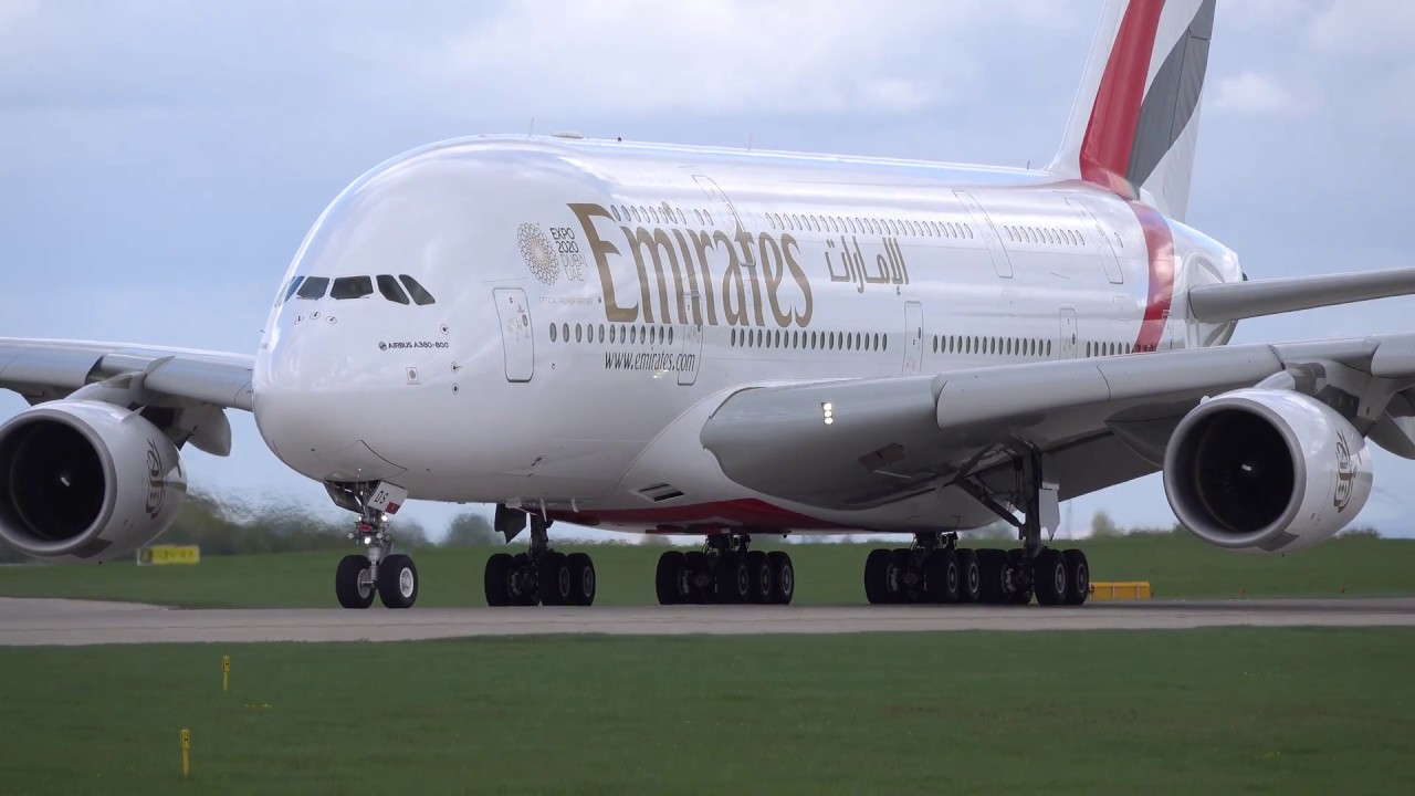 Emirates Airbus A380 A6-EDS Taxi Take Off and Climb from Manchester Airport