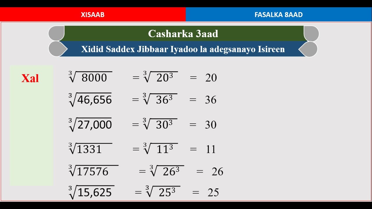 Xisaab fasalka 8aad Xidid sadex jibbaar iyada oo la adeegsanayo isireen