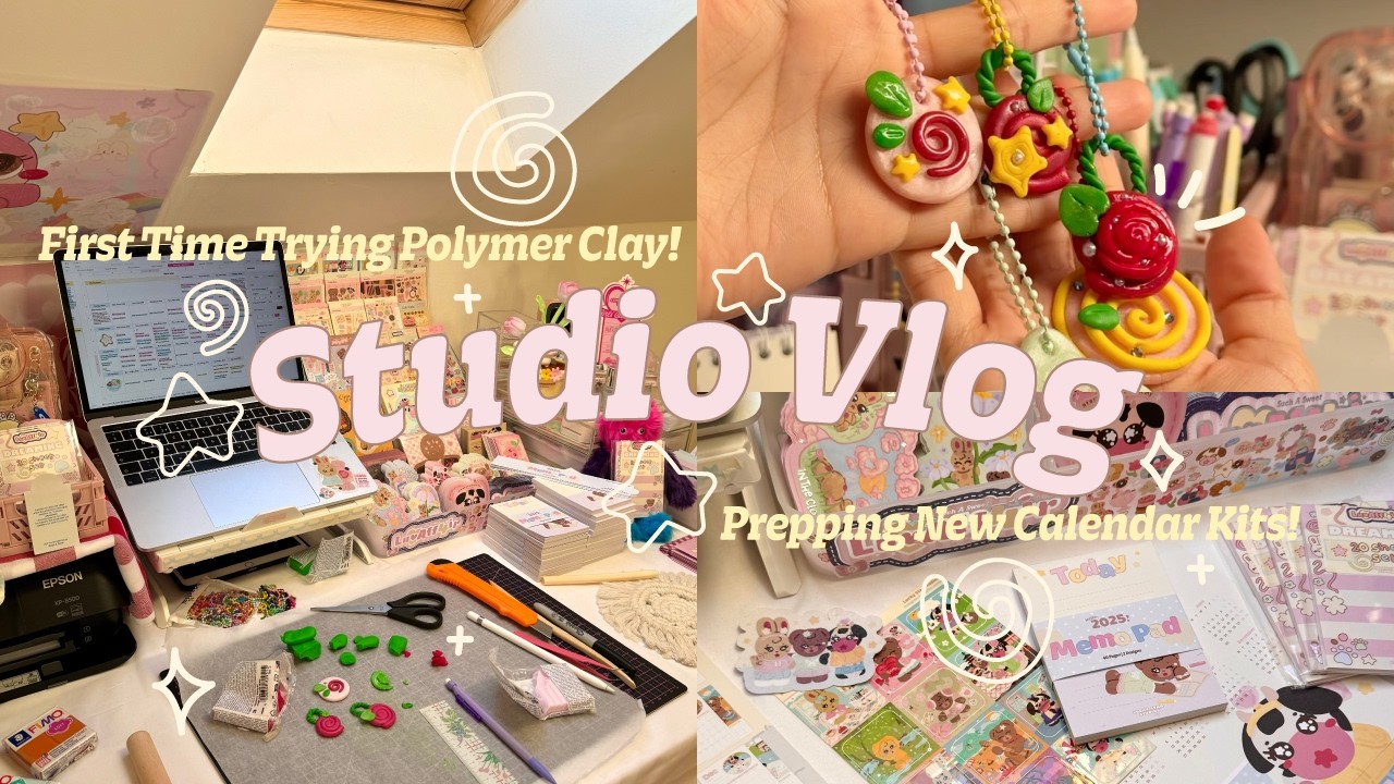 small business diaries 🛋️ unboxing 2025 calendars, making clay charms & memo pads | studio vlog