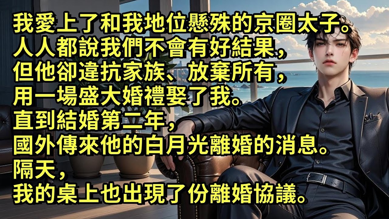 我愛上了和我地位懸殊的京圈太子。人人都說我們不會有好結果，但他卻違抗家族、放棄所有，用一場盛大婚禮娶了我。直到結婚第二年，國外傳來他的白月光離婚的消息。隔天，我的桌上也出現了份離婚協議。#小说