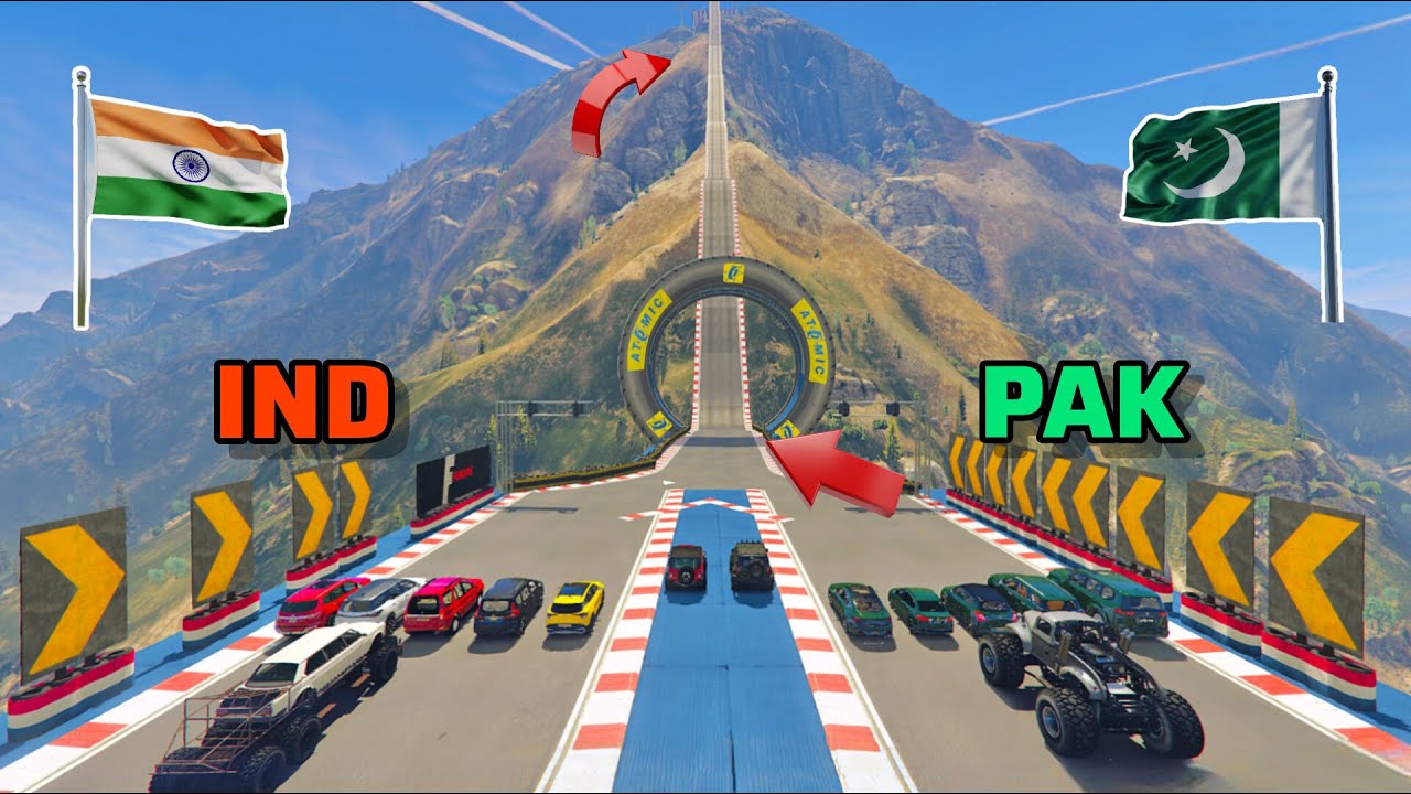 Tire Track on mountain climb challenge Ramp Challenge | Pakistan Vs Indian Cars | GTA 5 Gameplay