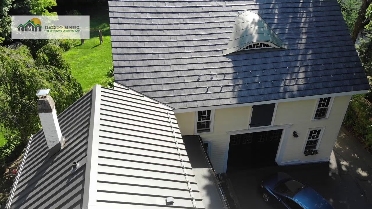 Oxford slate rock gray alumnum metal shingle standing seam metal roof accents medfield ma