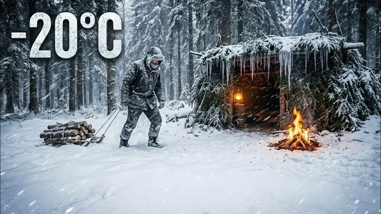 Solo Winter Bushcraft Overnight at -20°C ❄️ | Building a Primitive Survival Shelter