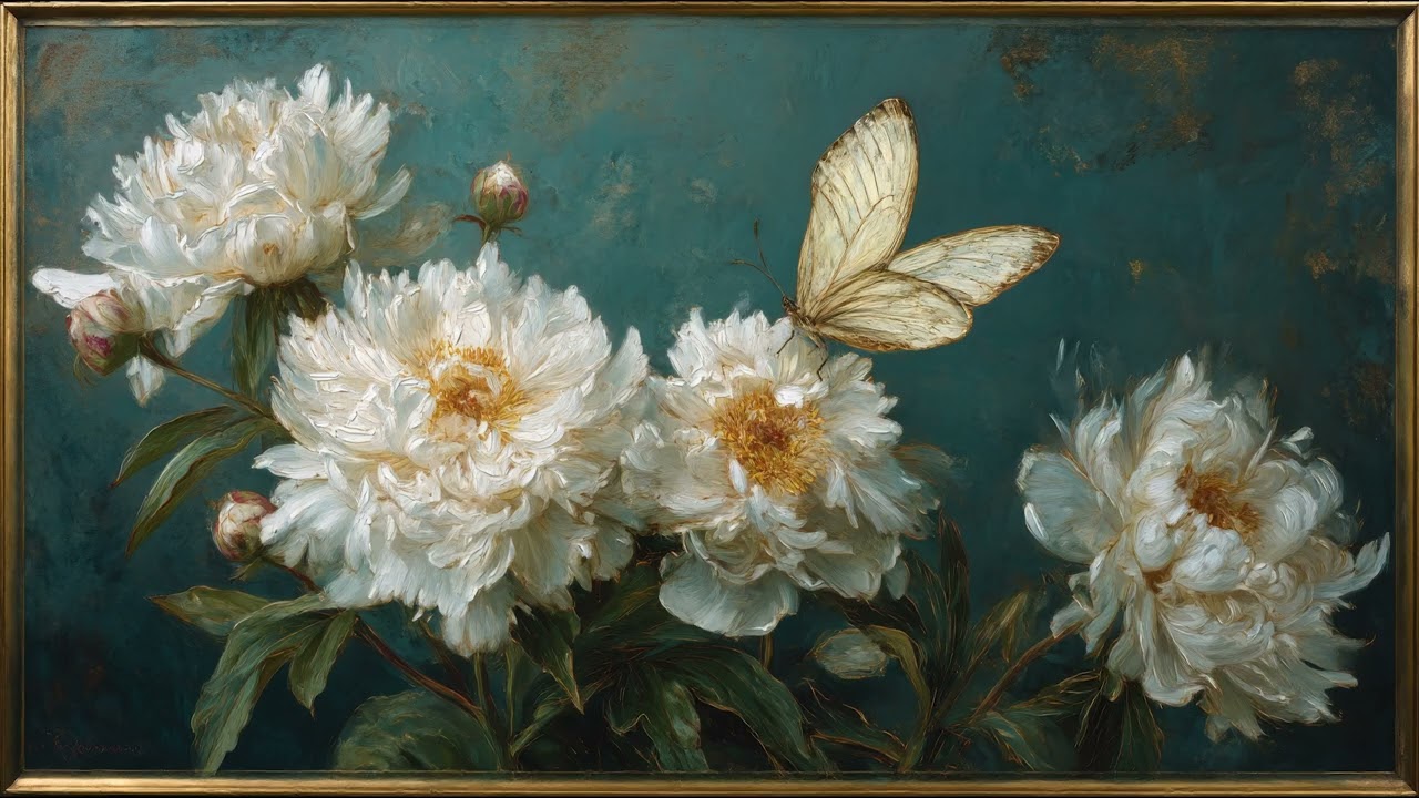 Vintage White Peonies Painting | TV Art with Gold Frame | Artistic Screensaver | 8 Hours