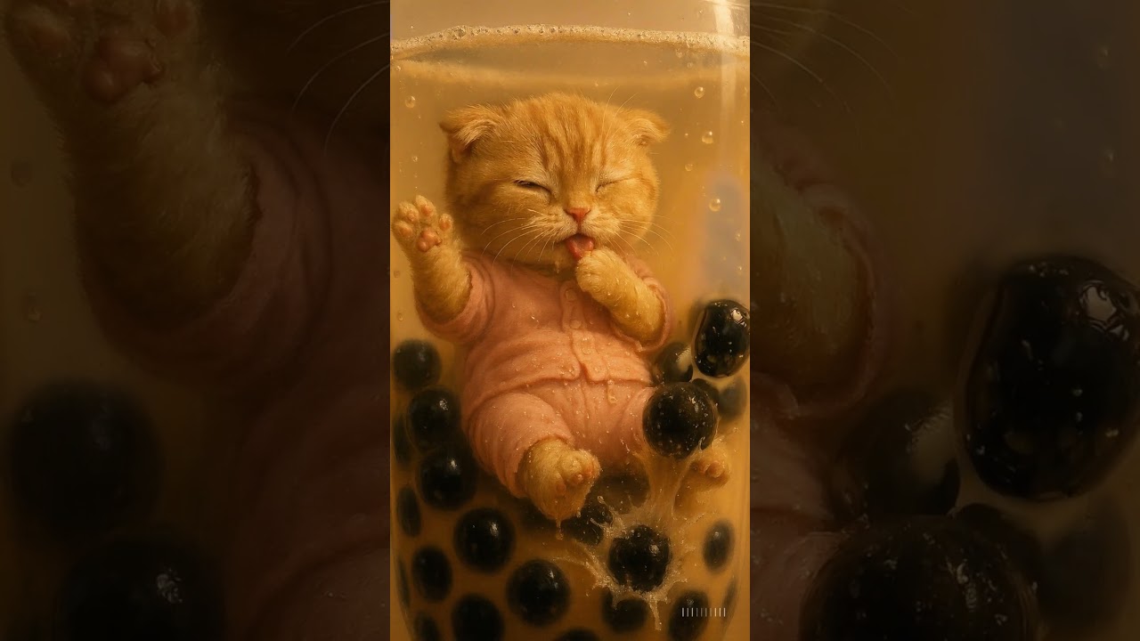 Bubble Trouble 🧋😹#PajamaPaws #BubbleTrouble #BobaCat #ASMRKitten #CozyCat #CuteCatShorts