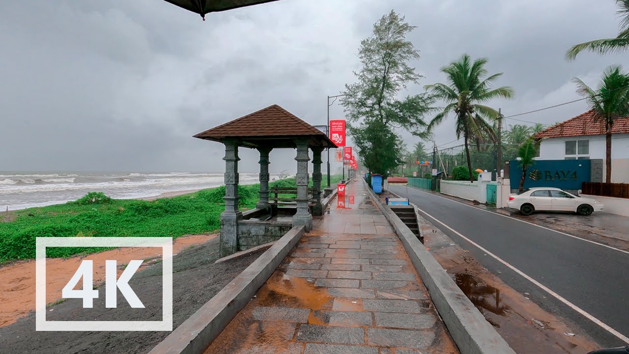 Kannur Payyambalam Beach, Walking in the Rain, Relaxing Sounds of Ocean | 4K ASMR