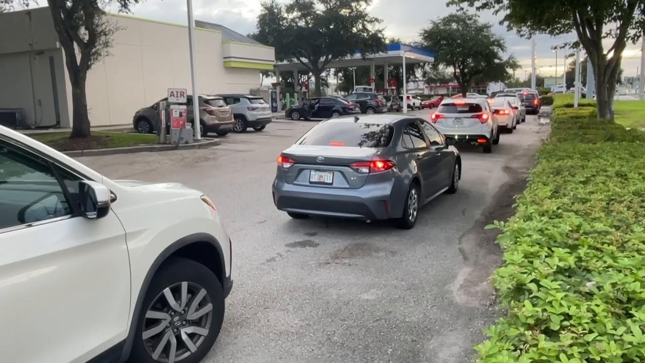 Long lines at gas station near Tampa, Florida ahead of Hurricane Milton