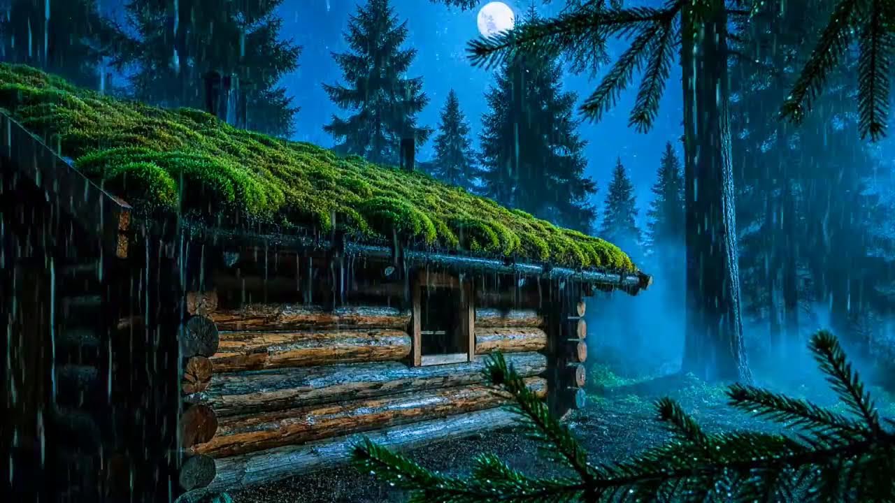 Rainy Night at a Mossy Forest Cabin 🌧️ Relaxing Rain Sounds for Sleep & Study