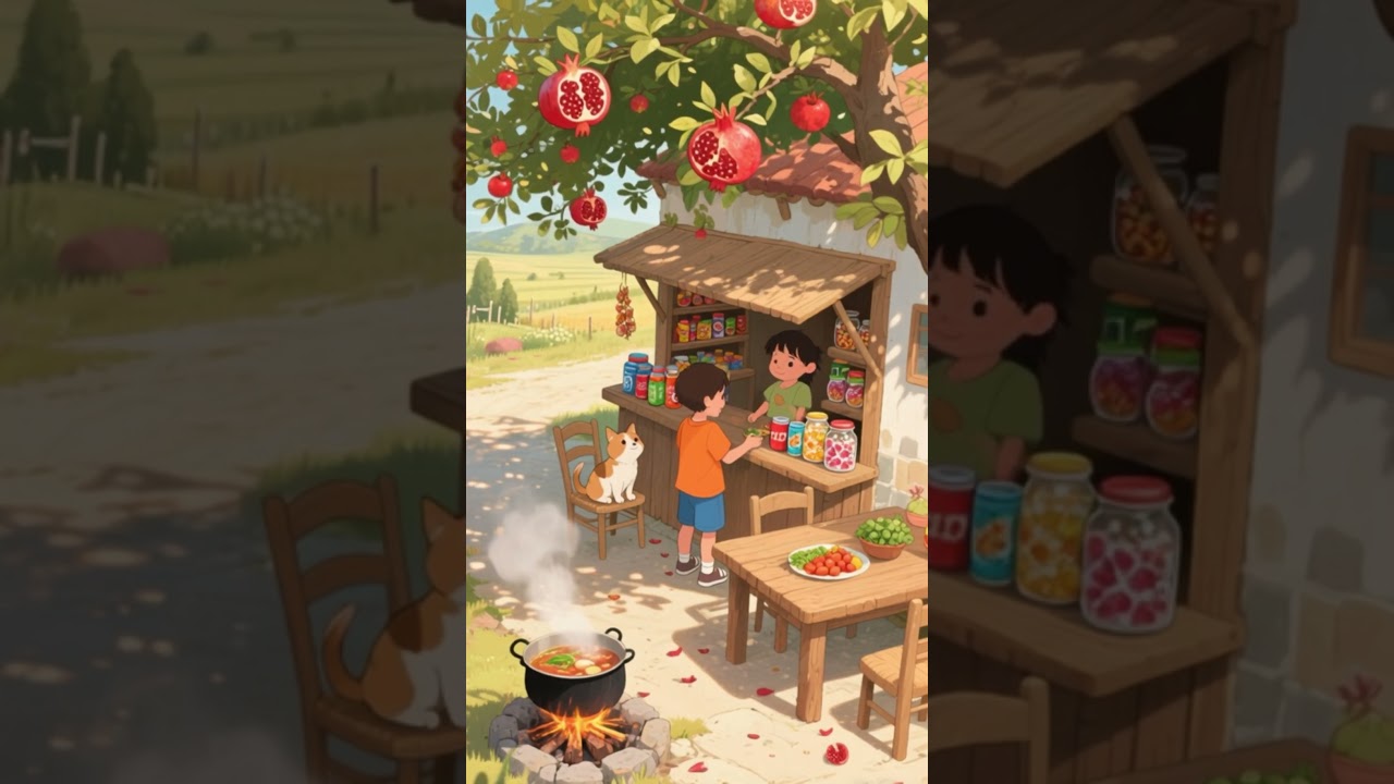 Children Trading Snacks in a Peaceful Countryside Market 🌾🍎 #cozy #village #countryside #scenery