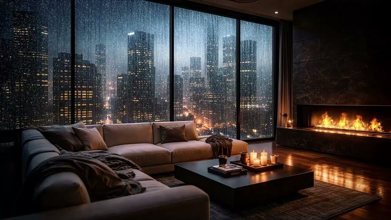 Cozy Room With A Night View Of New York In Heavy Rain | Rain Sounds, Rain On Window