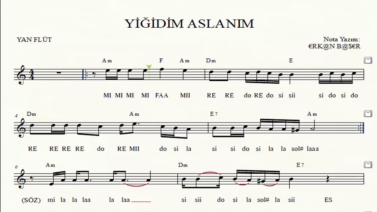 YİĞİDİM ASLANIM yan flüt NOTALARI eşlikli