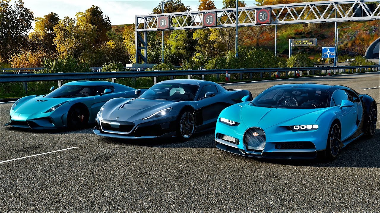 Forza Horizon 4 Drag race: Bugatti Chiron vs Rimac C Two vs Koenigsegg Regera
