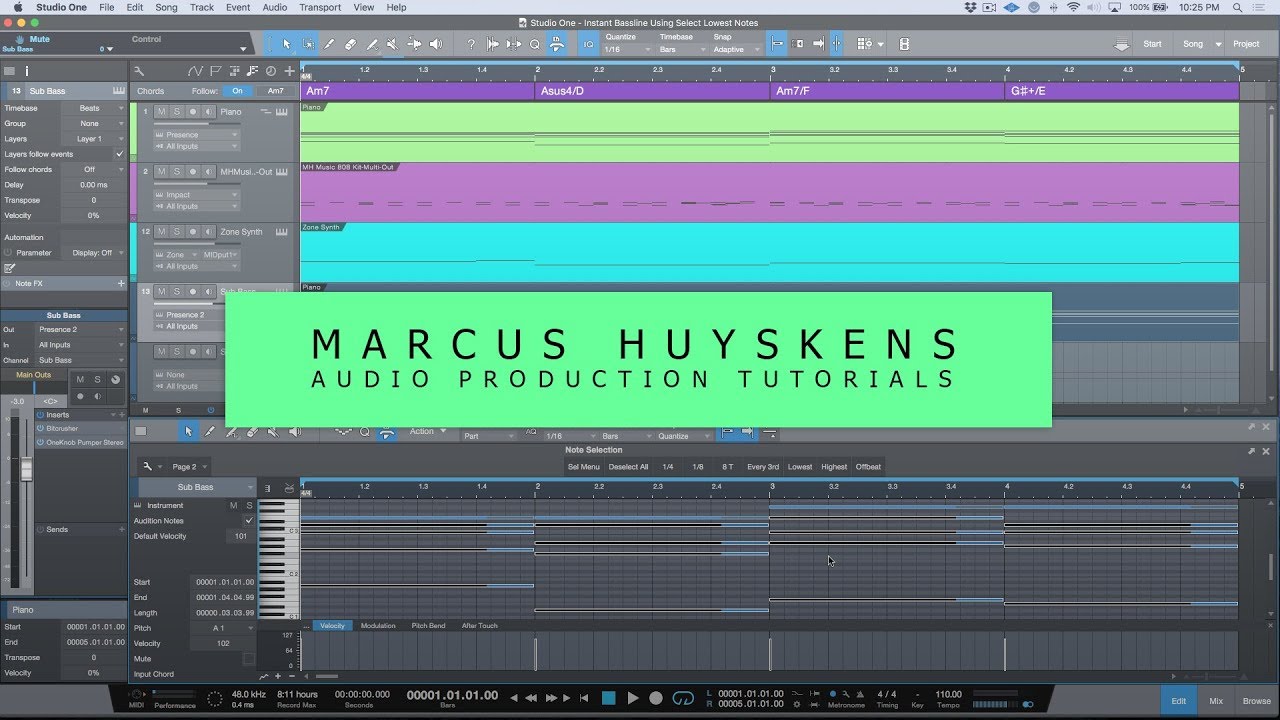 Studio One 4 Quick Tip - Using Invert Selection & Select Lowest Notes To Speed Up Editing