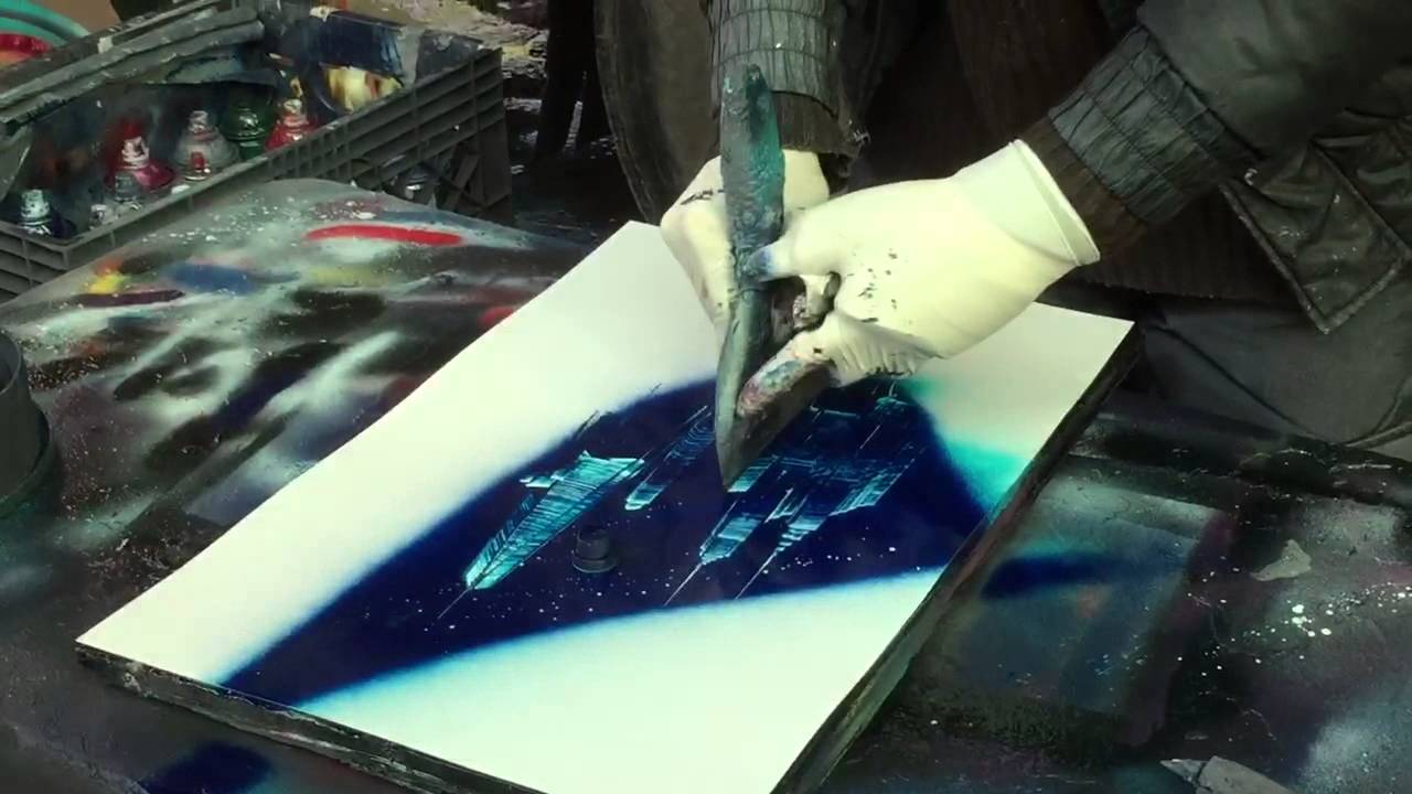 Spider-Man eye with NYC skyline made with a spray paint cans