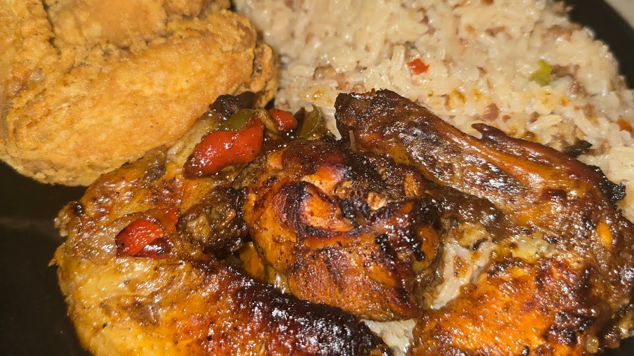 Fry/jerk wings dirty rice with avocado 