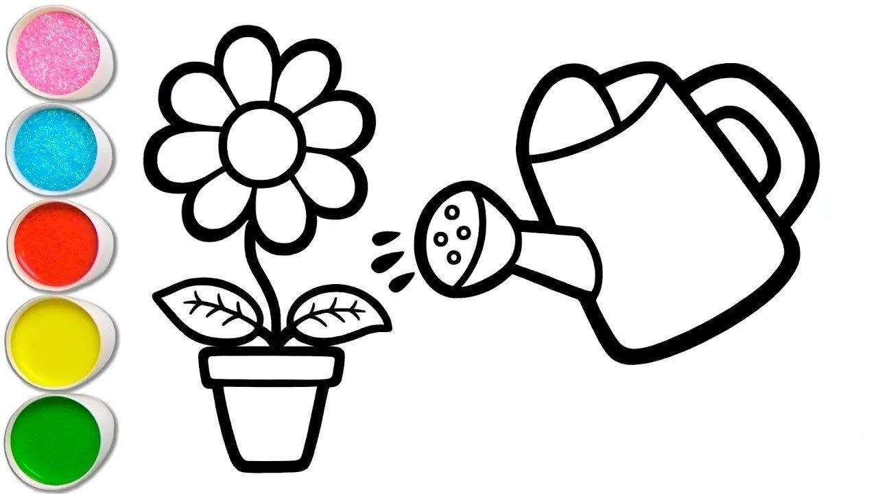 Potted Plant & a Watering Can Drawing, Painting, Coloring for Kids, Toddlers 🌼| Step By step Drawing