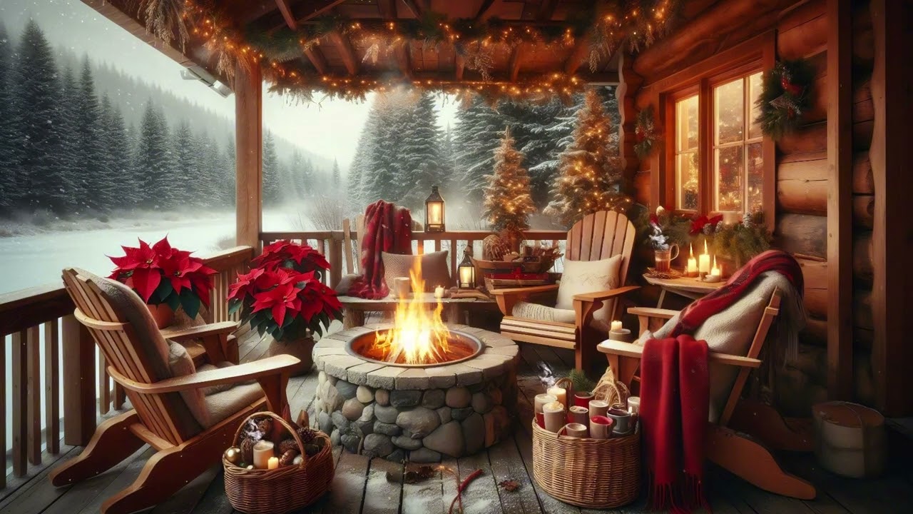 Warm Winter Terrace❄️Smooth Jazz, Snowfall, and a Fireplace Glow for Relaxing Christmas Nights🎅